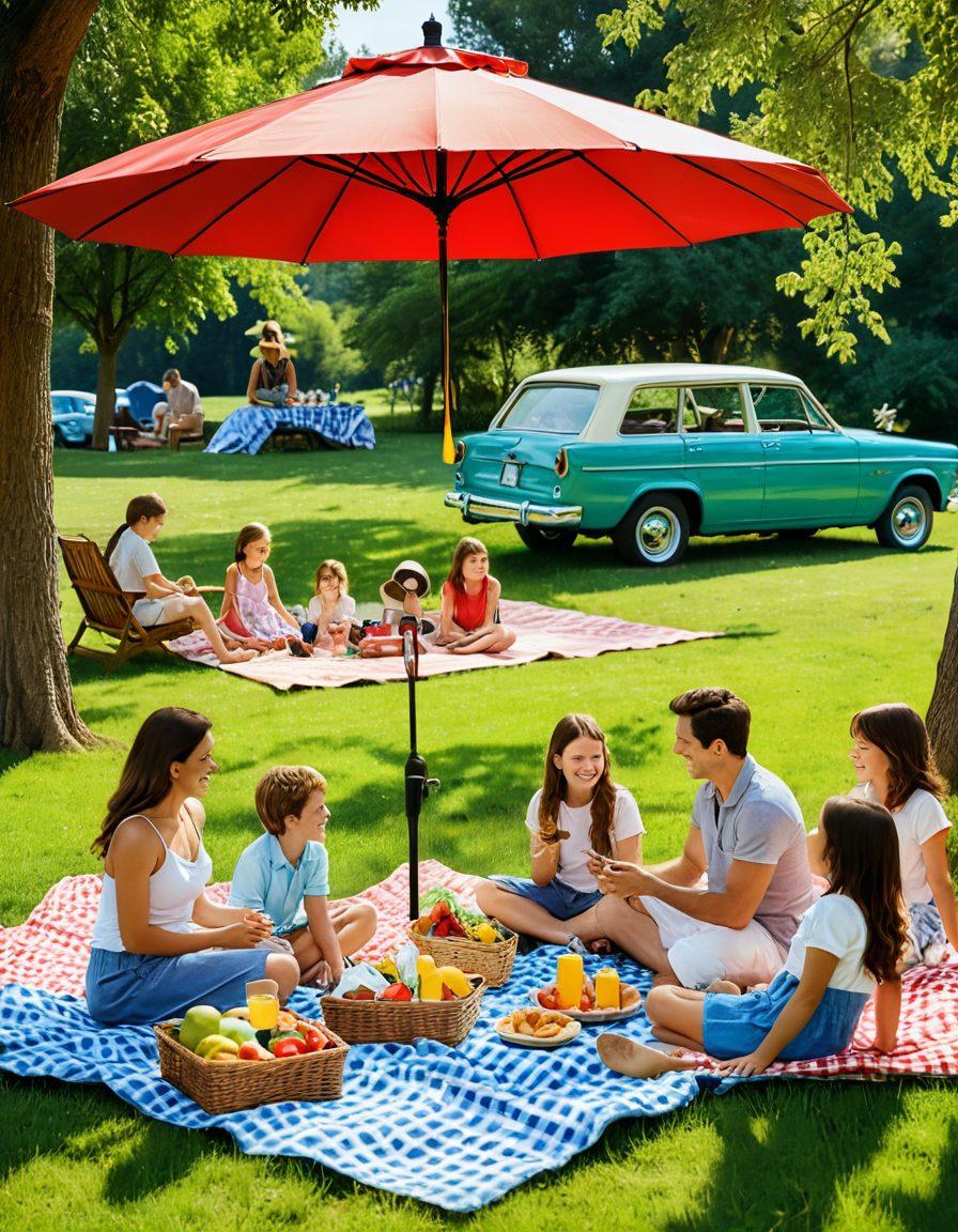 A vibrant scene of a family enjoying a summer picnic in a park, surrounded by colorful umbrellas, cheerful children playing, and a car parked nearby with a shiny tag that says 'Best Deal'. Include elements like discount tags hanging from the picnic basket and a warm sunny sky. The overall vibe should evoke joy and savings during summer. vibrant colors. super-realistic.